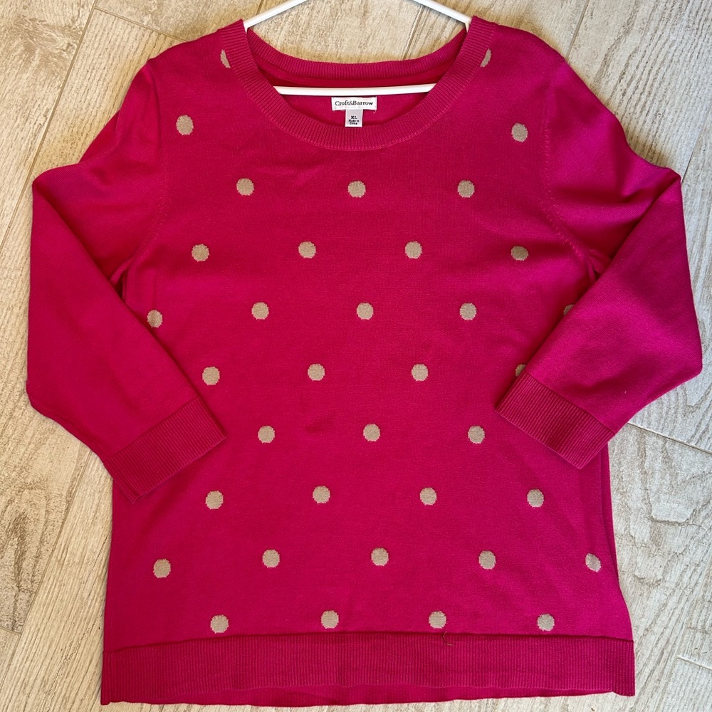 Croft & Barrow Sweater Women X Large Pink Beige Polka Dot 3/4 Sleeve Pullover
